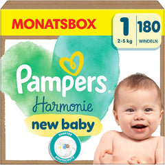 Pampers Harmony Windeln Größe 1, 180 Windeln, 2kg-5kg, sanfter Hautschutz mit 100% Pampers-Schutz
