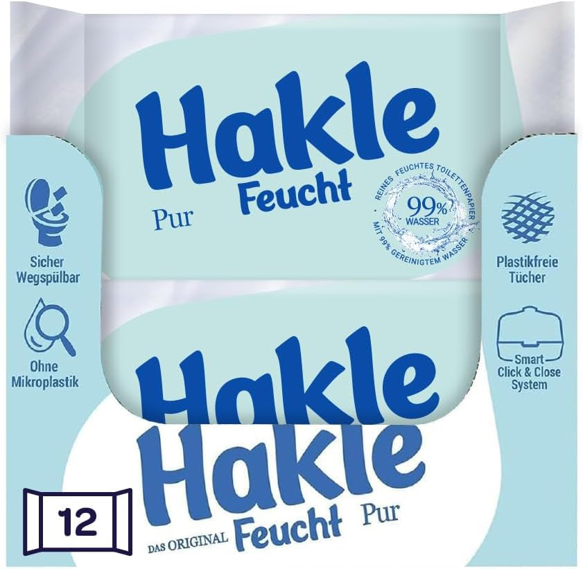 Hakle Feucht Pur Într-un pachet de 12, 504 șervețele (12 X 42 foi), Șervețele umede hrănitoare, Șervețele umede cu 99% apă, Șervețele umede rapid solubile în apă