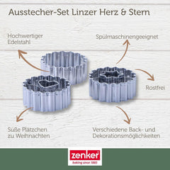 Zenker Ausstecher-Set Linzer Herz und Stern aus Edelstahl – Perfekt für Weihnachtskekse, 3-teilig, inkl. Geschenkverpackung, spülmaschinengeeignet und rostfrei – The Christmas Candy Shop