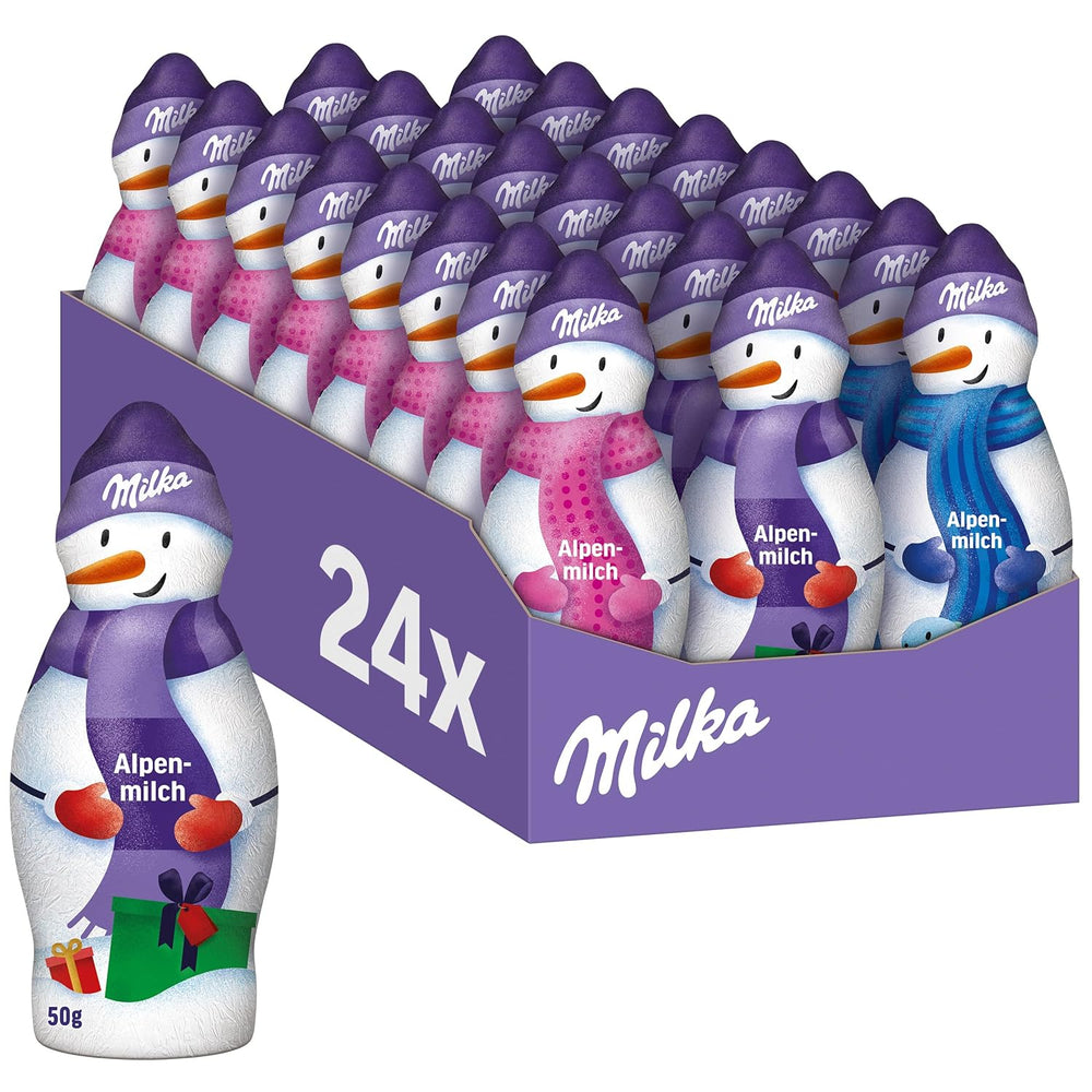 Milka Schneemann Alpenmilch – Großpackung Schoko-Schneemännerfiguren in 3 Modellen – 24 x 50g