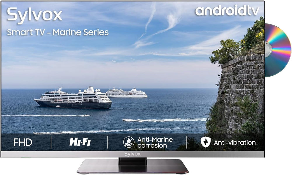 Televizor SYLVOX de 12 volți, televizor de camping de 22 de inci, televizor inteligent Android 1080P cu player DVD integrat, tuner triplu WiFi Bluetooth alimentat DC/AC fără ramă pentru autorulote, camioane, caravane, autoutilitare și bărci