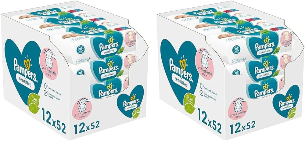 Pampers Sensitive Baby Feuchttücher, 624 Tücher (12 x 52), parfümfrei, für sanfte, schonende Reinigung (2er Pack)