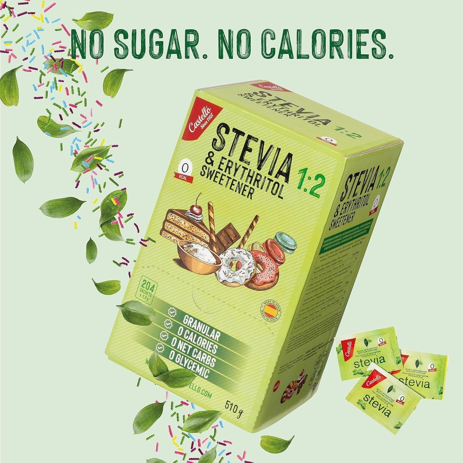 Stevia + Erythrit 1:2 Süßstoff | 204 Beutel Mit 2,5 G | 100% Natürlicher Zuckerersatz - 0 Kalorien - 0 Glykämischer Index - Keto Und Paleo - 0 Kohlenhydrate - Kein GVO - Castello since 1907-510 G Indulcitori Naty Shop