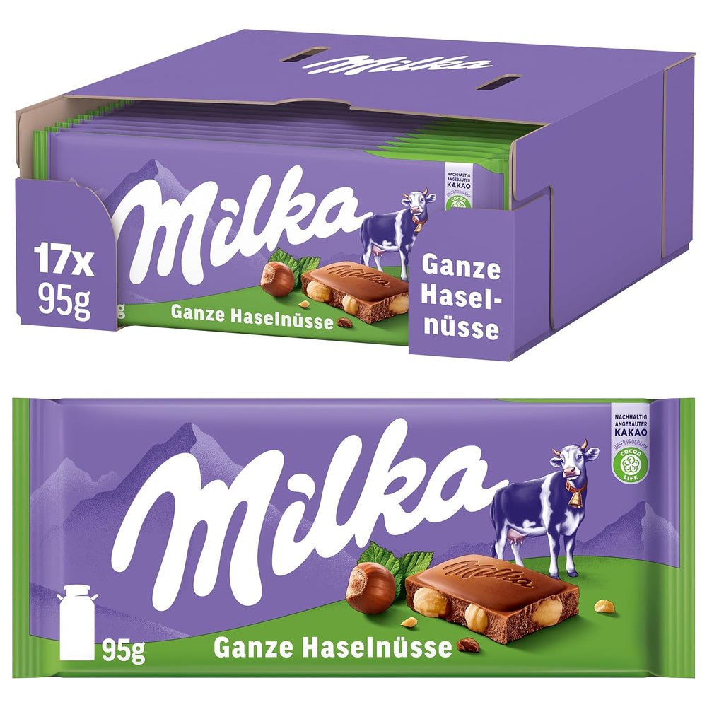 Milka Alpenmilch Schokolade mit ganzen Haselnüssen – Schokolade mit knackigen Nüssen – 17 x 95g
