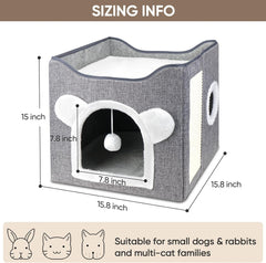 Katzenbetten für Indoor Katzen, Faltbares Katzenhaus, Katzenhöhle 2 Schicht Würfel Großer Raum Katzenbett mit Kratzbrett und Spielball, 15.8 x 15.8 x 15inches