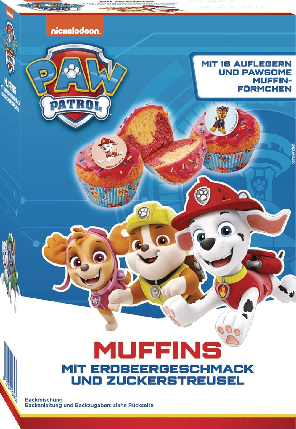 RUF X PAW Patrol Muffin Backmischung Mit Erdbeer-Geschmack, Für 12 Paw Patrol Muffins, Inkl.16 Oblaten-Auflegern Und Pawsome Muffin-Förmchen, 1