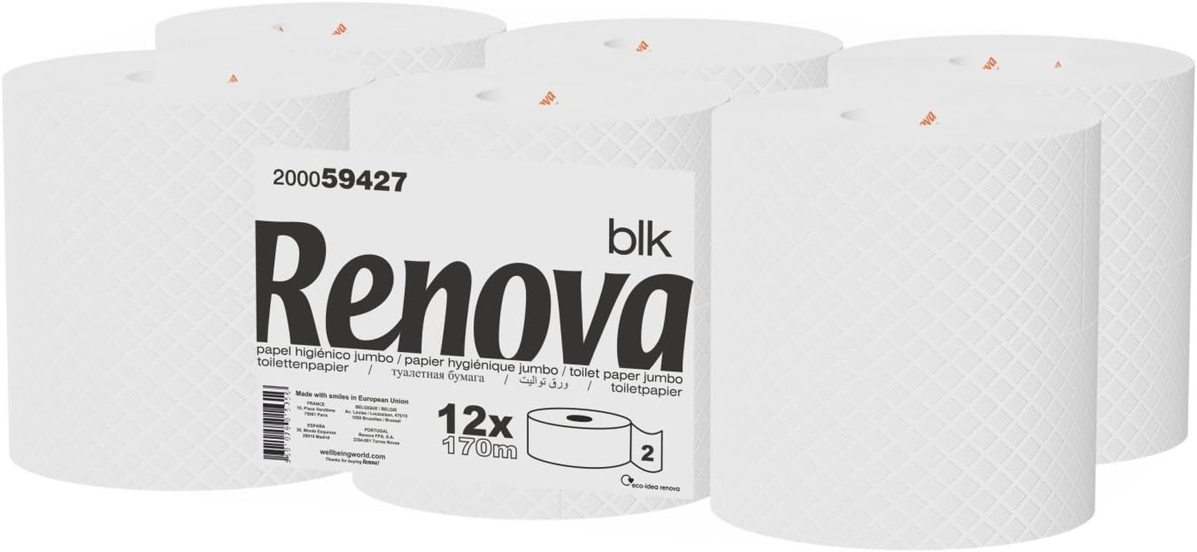 Hârtie igienică Renova Jumbo BLK, 12 role la 170 M, hârtie albă, 2 straturi