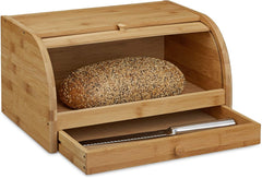Relaxdays Coș de pâine rulant cu sertar, bambus, HxLxP: 21 x 40,5 x 28 cm, lemn, natural & placă de tăiat pâine din bambus aprox. 3 x 37 x 21,5 cm Placă de tăiat cu tavă pentru firimituri pentru curățare ușoară natural Cutii depozitare alimente Naty Shop