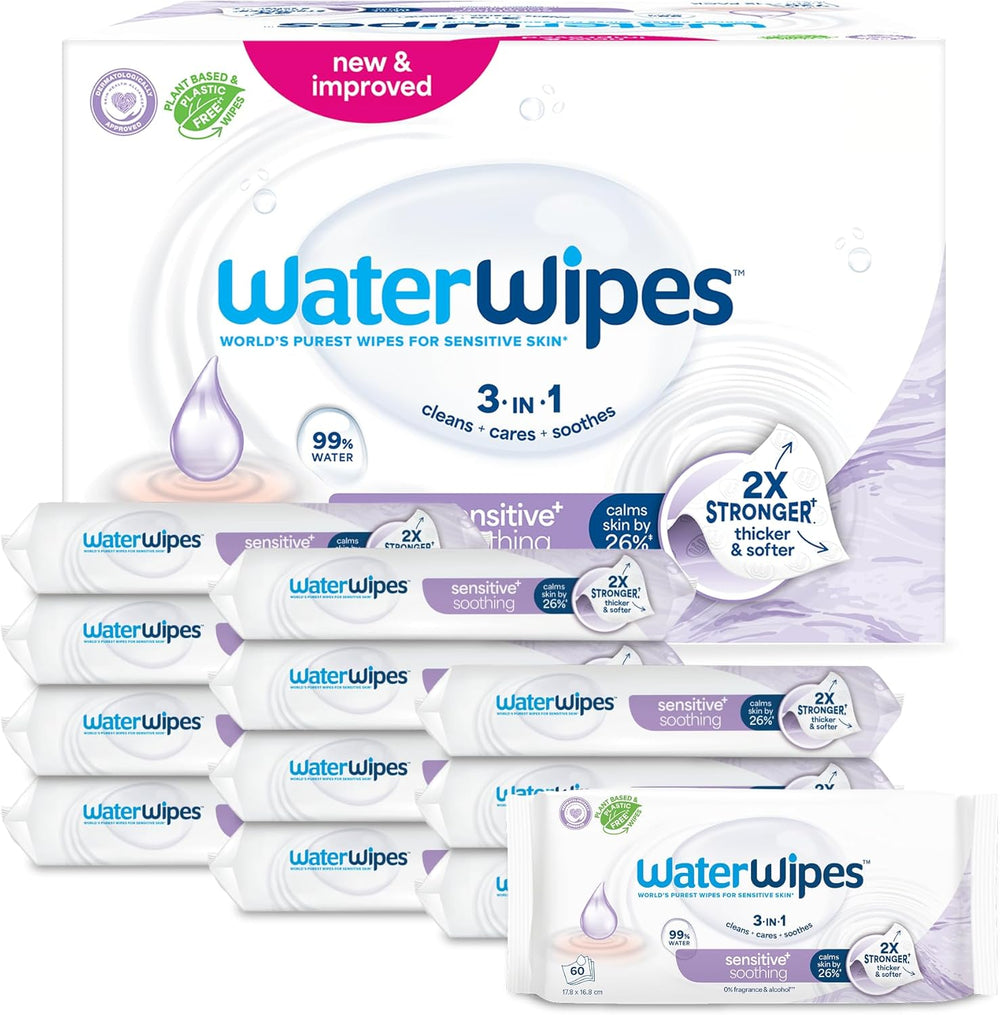 WaterWipes Sensitive+ Beruhigende, saubere Feuchttücher, 720 Stück (12er-Pack), 3-in-1-Reinigung, Pflege und Beruhigung, 99 % Wasser mit Pflanzenextrakt, parfümfreie Baby-Feuchttücher