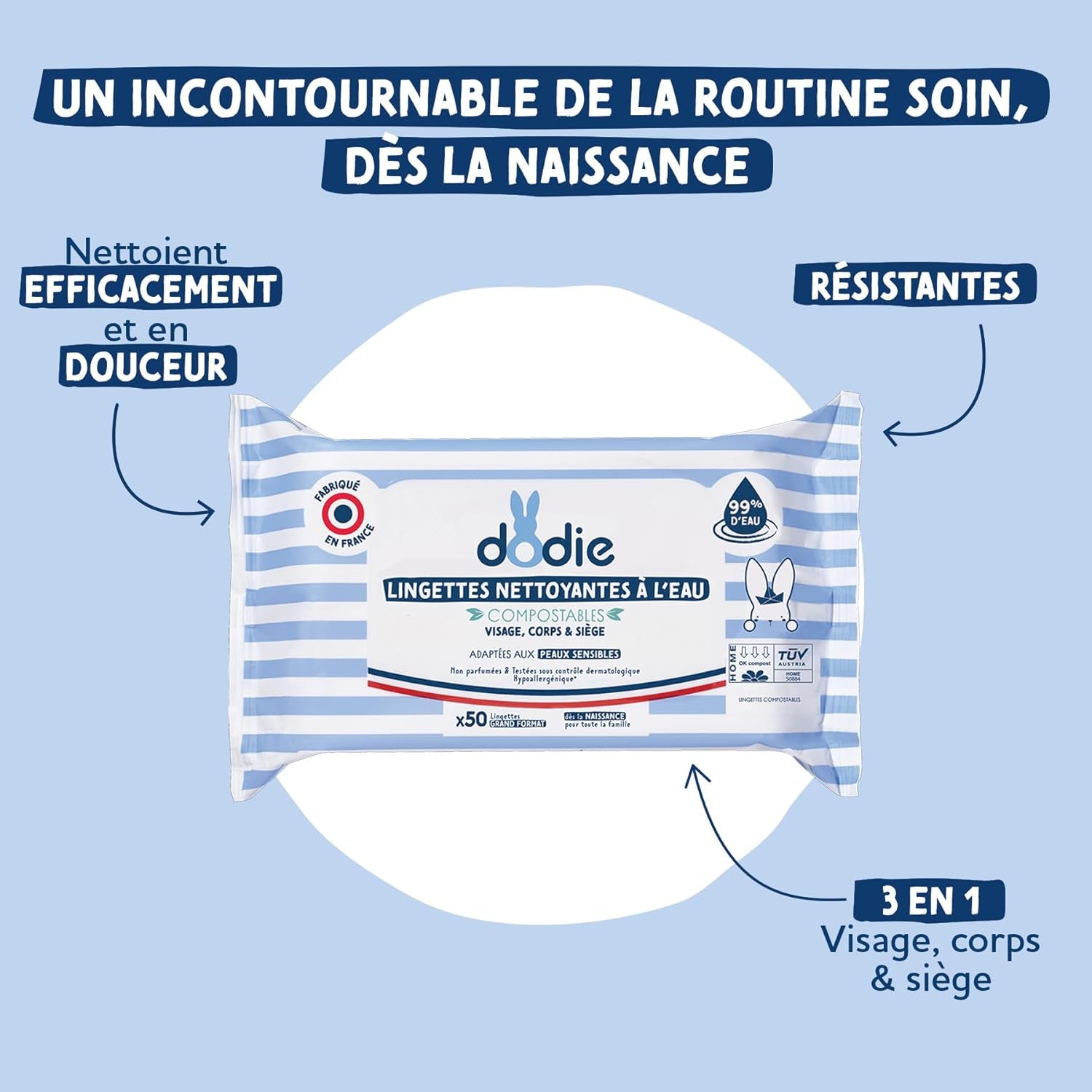 Pachet de 8 pachete de șervețele de curățare compostabile cu apă, 50 de bucăți