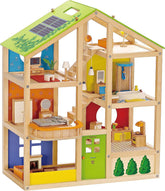 Casă de păpuși Hape Four Seasons - casă de păpuși cu trei etaje, din lemn, premiată, cu mobilier, accesorii, scări glisante și acoperiș reversibil pentru fiecare anotimp, pentru copii cu vârsta de 3 ani și peste