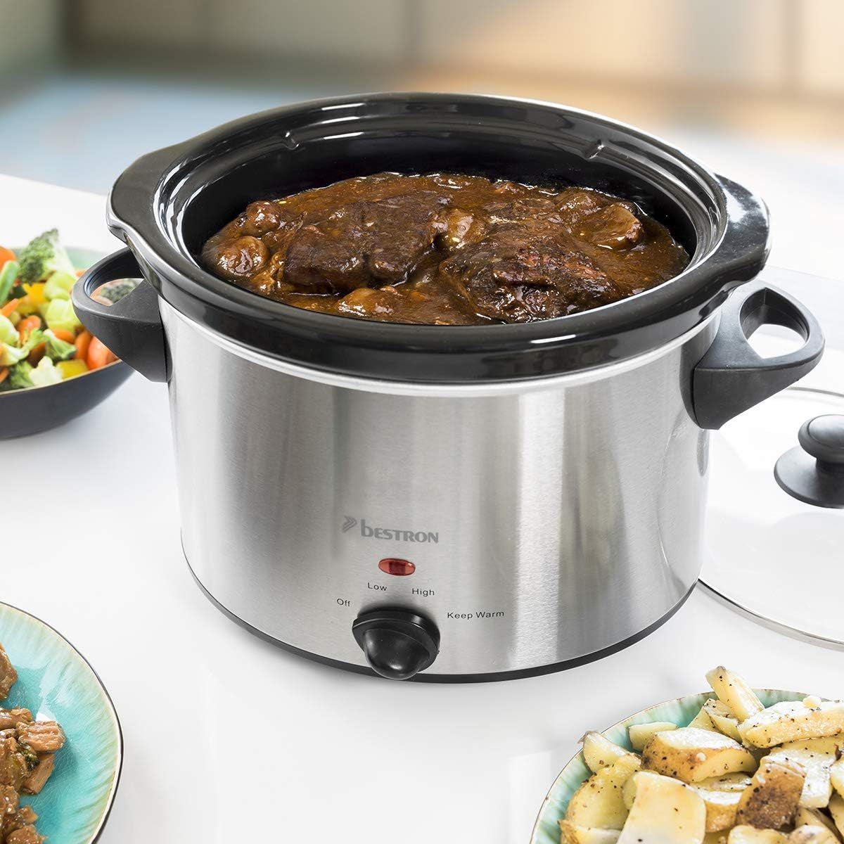 Bestron slow cooker cu tigaie ceramică și capac din sticlă, termostat cu 3 niveluri, ideal pentru multe feluri de mâncare, cum ar fi carne, supe și legume, 3,5 litri, culoare: argintiu Slow Cooker Naty Shop
