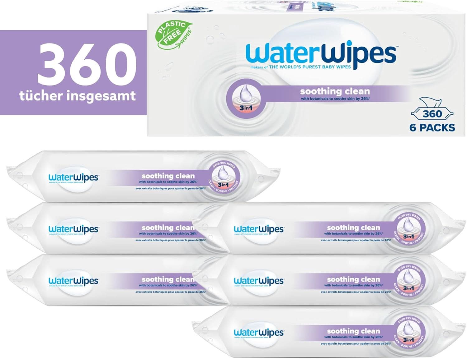 Șervețele de curățare pentru bebeluși Water Wipes, 360 de șervețele (6 pachete), cu 99% apă și extracte botanice Servetele Umede Bebelusi Naty Shop