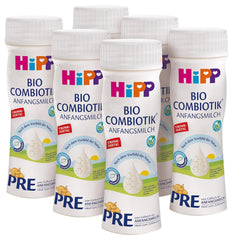HiPP PRE Bio-Combiotic-Formel, trinkfertig (6 x 200 ml). Säuglingsmilch von Geburt an enthält nur Laktose als Kohlenhydrate, beste Bio-Qualität
