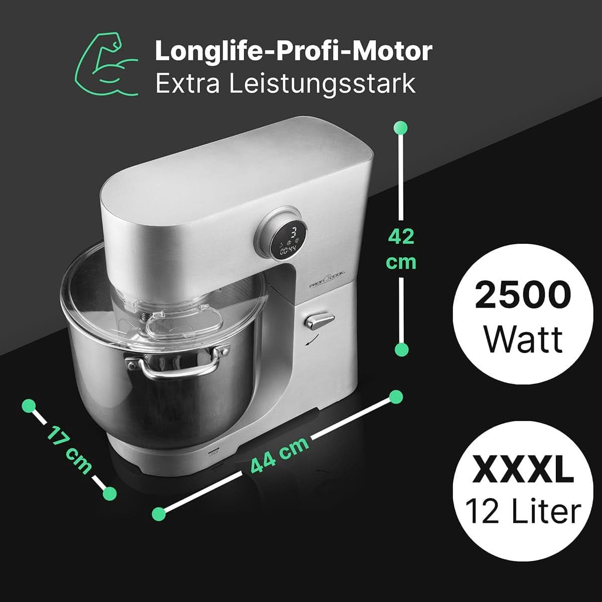 Proficook® Küchenmaschine Mit XXL 12L Schüssel | Knetmaschine Mit 2500W Longlife-Profi-Motor | Metallgetriebe Und Led-Display | Food Processor Für Bis Zu 8,5 Kg Teig |13 Geschwindigkeiten | PC KM 1254 Mama si Copilul Naty Shop