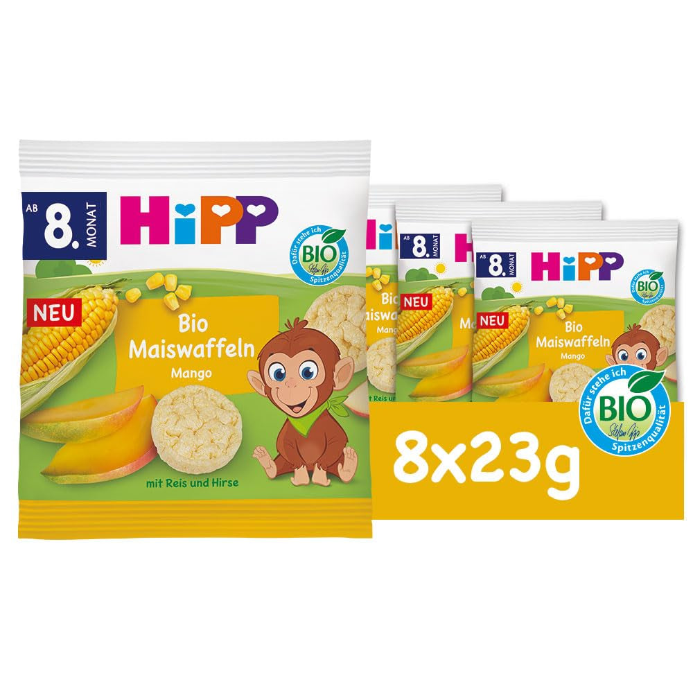 HiPP Bio-Maiswaffeln mit Mango (8 x 23g), Snack für Babys ab 8 Monaten, nur mit Obst und Gemüse gesüßt, glutenfrei, beste Bio-Qualität