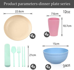 Set de tacâmuri din plastic pentru camping pentru 4 persoane, reutilizabile, indestructibile, farfurii, căni, boluri și tacâmuri ușoare, ecologice, reutilizabile, potrivite pentru cuptorul cu microunde și mașina de spălat vase