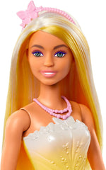 Păpușă Barbie Royal cu păr fantezist cu șuvițe colorate, accesorii colorate, top galben cu gradient și fustă cu model fluture, HRR09 Papusi Naty Shop