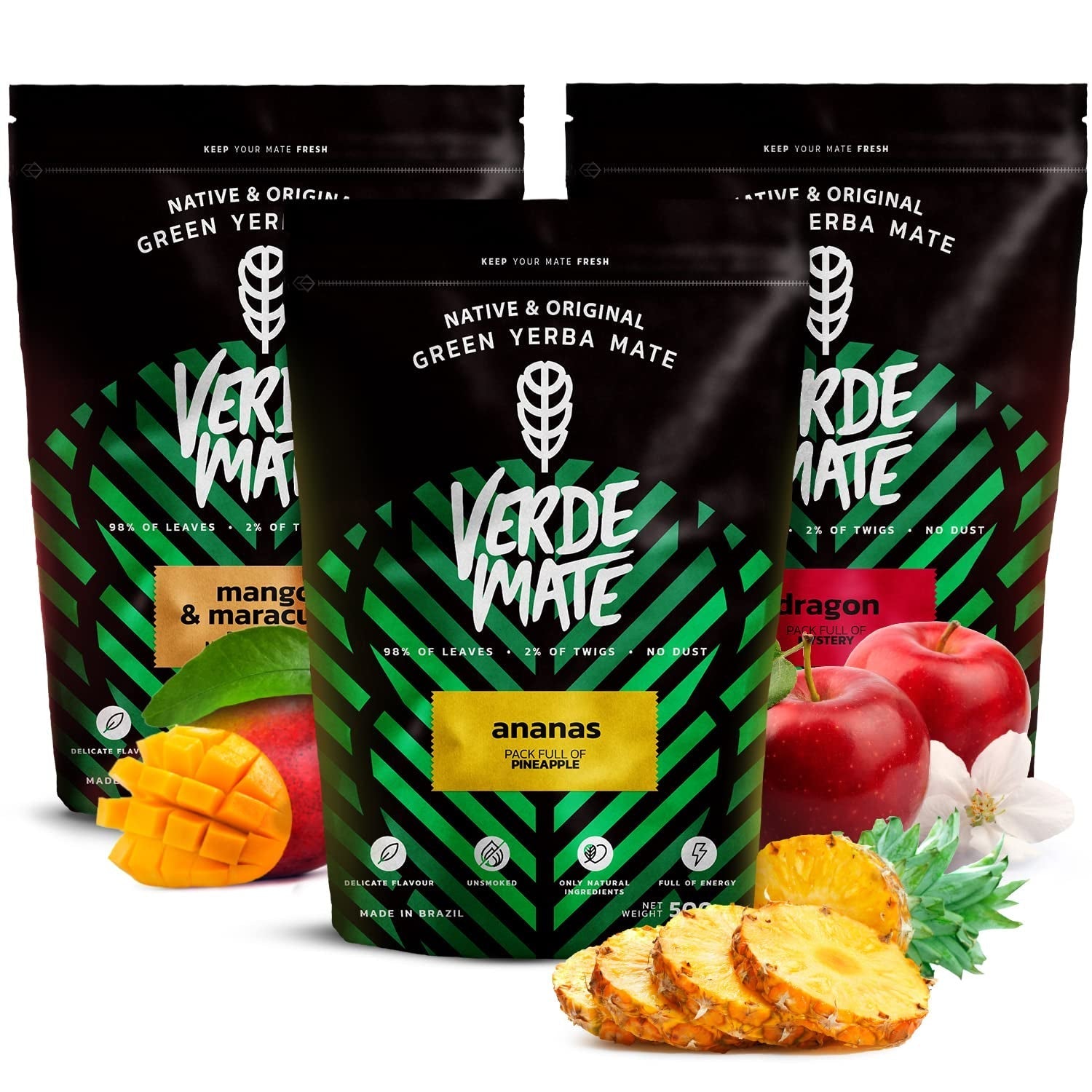 Set fructat Yerba Mate | Yerba Mate cu fructe | Verde Mate Green Mango & Maracuya, Ananas, Dragon | Yerba Mate verde braziliană | Ceai Yerba Mate | 3X500G