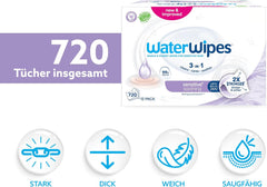 WaterWipes Sensitive+ Beruhigende, saubere Feuchttücher, 720 Stück (12er-Pack), 3-in-1-Reinigung, Pflege und Beruhigung, 99 % Wasser mit Pflanzenextrakt, parfümfreie Baby-Feuchttücher