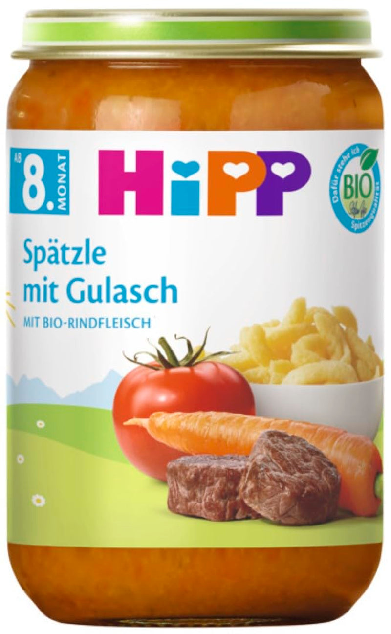 HiPP Spätzle mit Gulasch (6 x 220g), Mahlzeit ab 8 Monaten, ohne Salzzusatz, mit Omega-3, beste Bio-Qualität