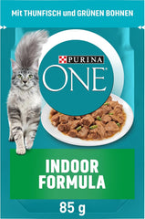 Hrană umedă pentru pisici PURINA ONE Indoor Formula, bucăți fragede în sos pentru pisici de casă, cu ton, pachet de 26 (26 x 85g)