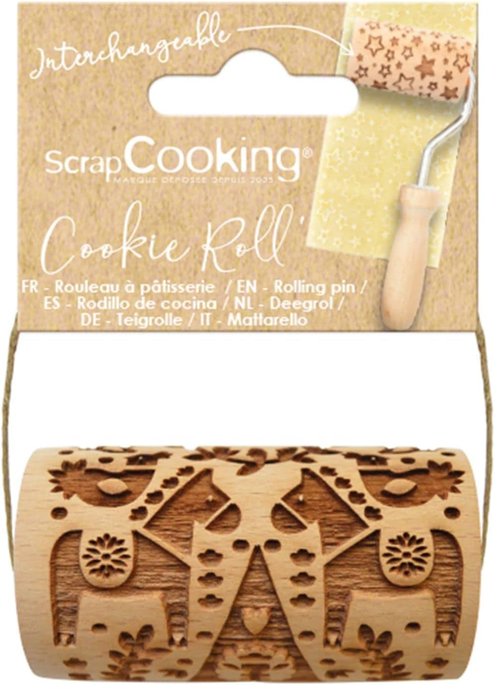 SCRAP COOKING - Mini-Holzrolle „Christmas Déco“ – Deko mit eingravierten Abdrücken in Relief – Backform für Dekoration von Keksen, Sandgestrahlt, Keksen – 5306