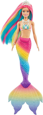 Barbie Dreamtopia Rainbow Magic Mermaid, Barbie Mermaid cu păr curcubeu, păpușă care își schimbă culoarea activată de apă, jucărie de la 3 ani, cadou pentru fete, GTF89 Papusi Naty Shop Singur Păr curcubeu