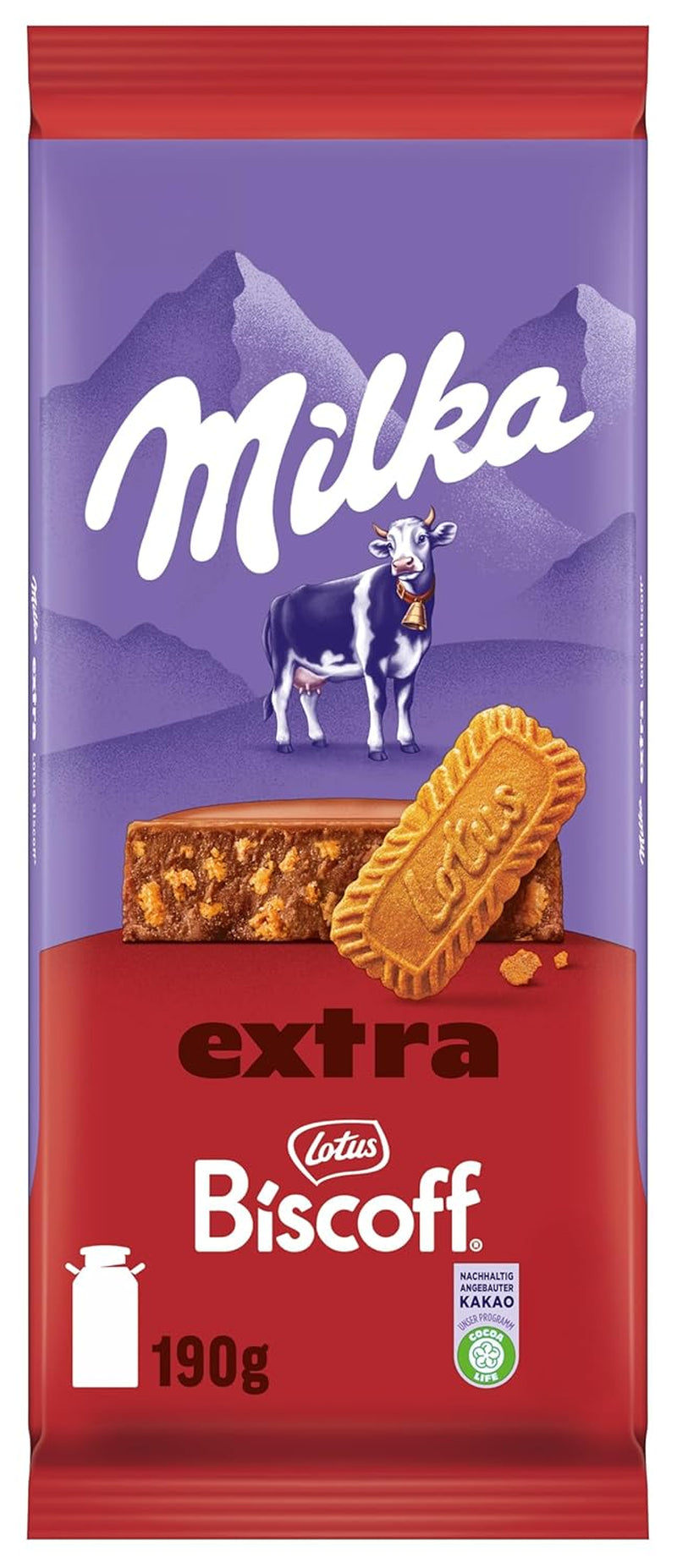 Milka Extra Biscoff Schokolade – Alpenmilchschokolade mit knusprigen Lotus Biscoff Keksstückchen – 190g
