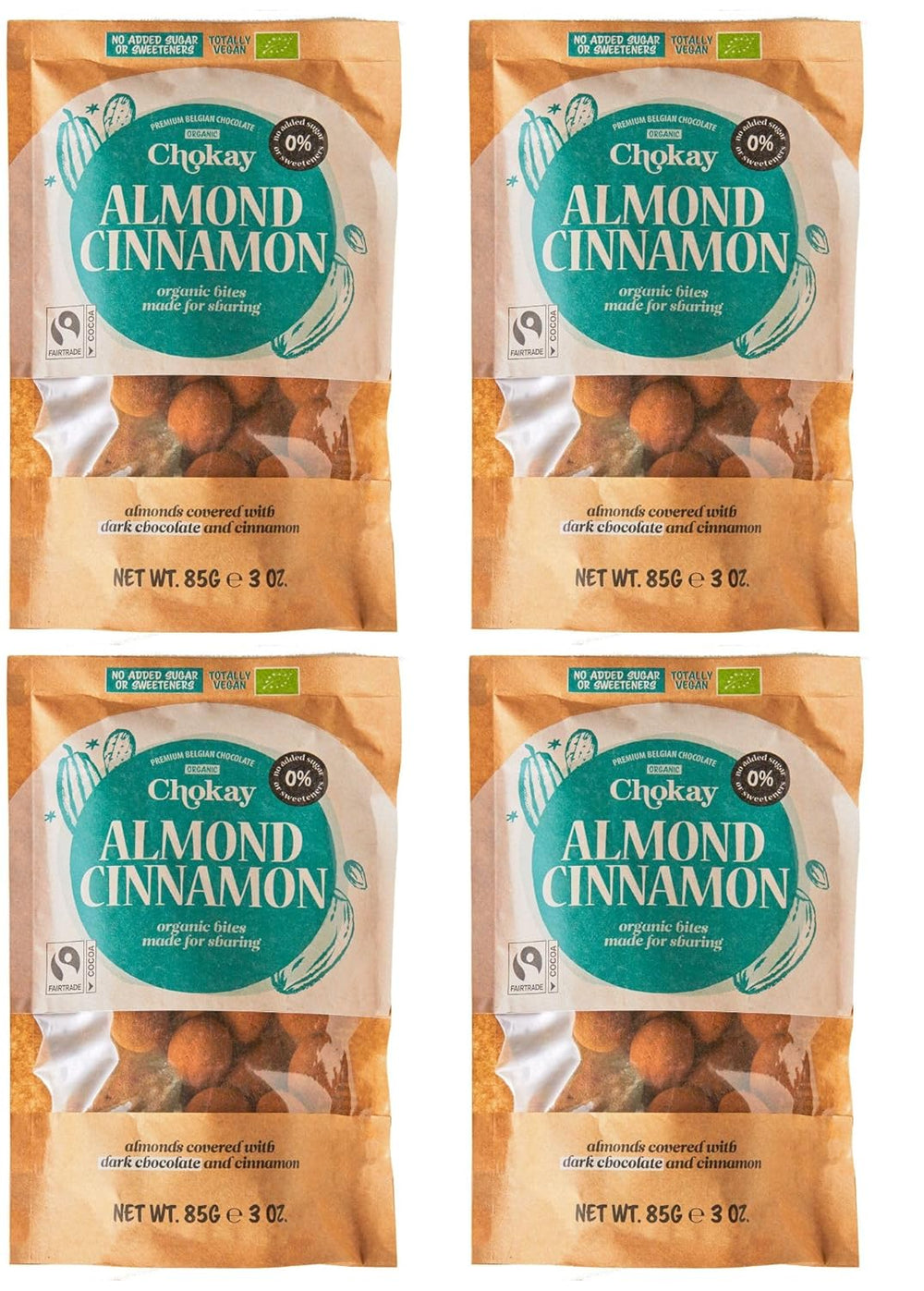 Set mit 4 Bio-Häppchen – Zimtmandeln/Zimtmandeln in belgischer Zartbitterschokolade/Ohne Zuckerzusatz, ohne Süßstoffe/VEGAN & FAIR TRADE / 4 x 85g