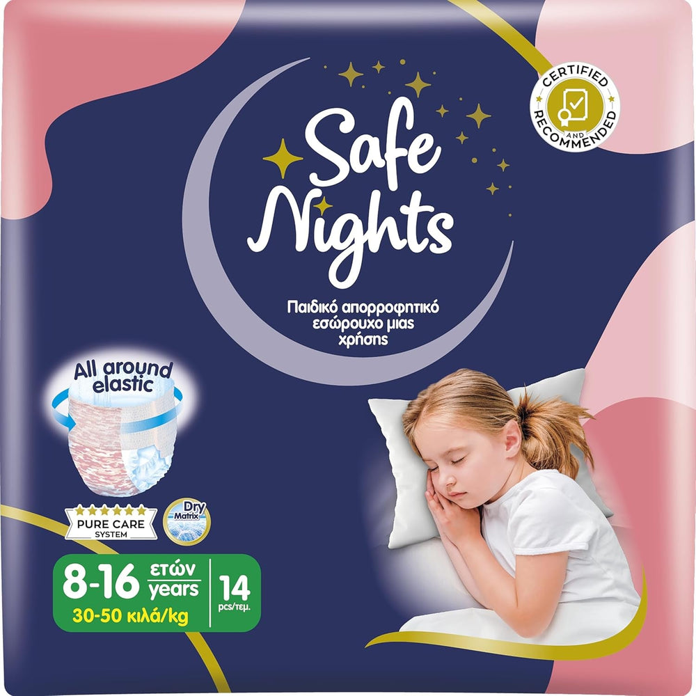 Safe Nights Girl, chiloți absorbanți de noapte pentru fete cu vârsta cuprinsă între 8 și 16 ani (30-50 kg), 14 bucăți