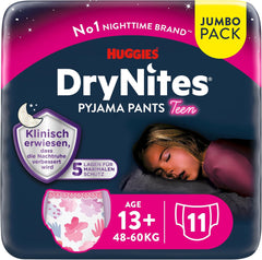 Huggies DryNites Windeln gegen Bettnässen bei Nacht für Mädchen im Alter von 13 bis ca. 17 Jahren (48–60 kg), 33 Stück (3 x 11), Jumbo-Monatspackung, XL-Windelhöschen