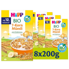 HiPP Bio-Müsli mit 7 Körnern (8 x 200g), ab 12 Monaten, ohne Zuckerzusatz, extrafeine Stücke – leicht zu kauen, beste Bio-Qualität