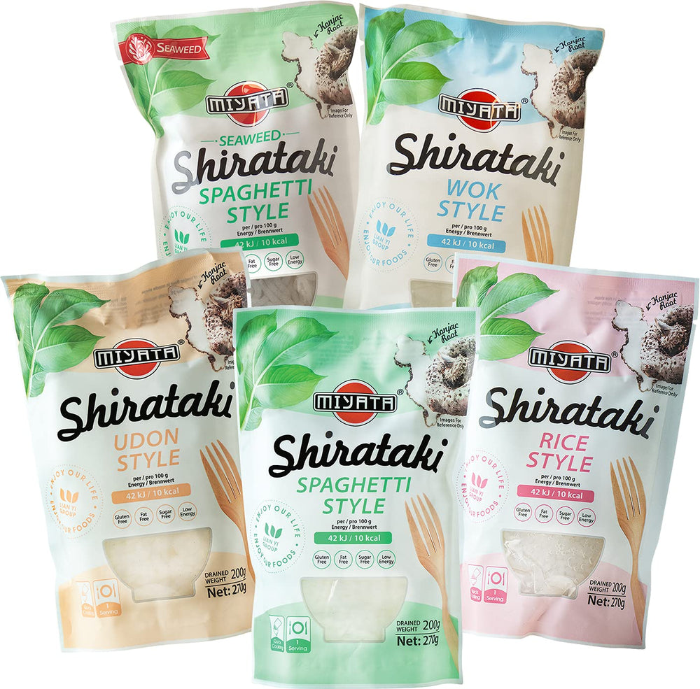 Miyata Shirataki Gemischte Box mit 5 verschiedenen Sorten, Konjakmehlnudeln, 5 Packungen (5 x 270 g)