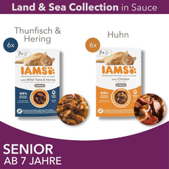 IAMS Delights Hrană umedă pentru pisici senior - Pachet multiplu cu pui și pește în sos, hrană umedă de înaltă calitate pentru pisici mai în vârstă de la 7 ani, 12 x 85 g