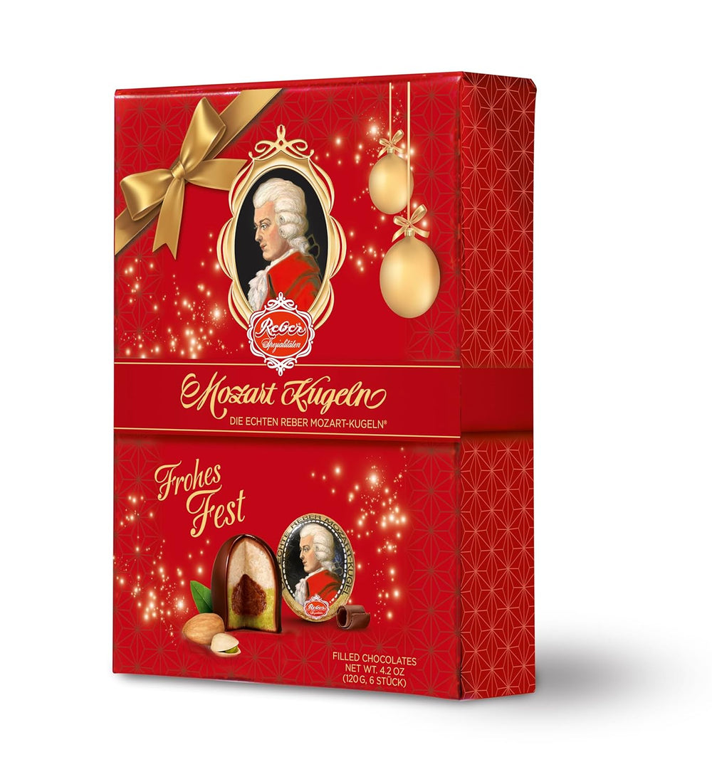 Reber Authentische Mozartkugeln Christmas Edition, dunkle Schokolade, Pralinen, Marzipan-Nougat, ideales Weihnachtsgeschenk, 12 Stück
