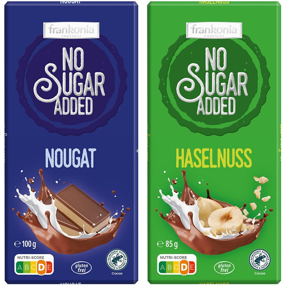 Schokolade mit Nougat, ohne Zuckerzusatz, glutenfrei, 100g und Schokolade mit Haselnüssen, ohne Zuckerzusatz, glutenfrei, 85g