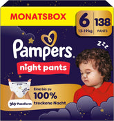 Pampers Night Pants Windeln der Größe 6, 138 Stück, 13 kg–19 kg, bieten zusätzlichen Schutz für die ganze Nacht.