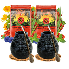 Set de ceai Yerba Mate pentru 2 persoane – Mas Energia Guarana 400 g – Cană din ceramică Marmol Blue 350 ml – Bombilla din oțel inoxidabil 19 cm – Ceai vrac 2 x 200 g