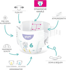 Bella Baby Happy Premium Windeln, Größe 6, Junior Extra, 15+ kg, 96 Stück, DERMATEST und OEKO-TEX Siegel, Einweg-Babywindeln