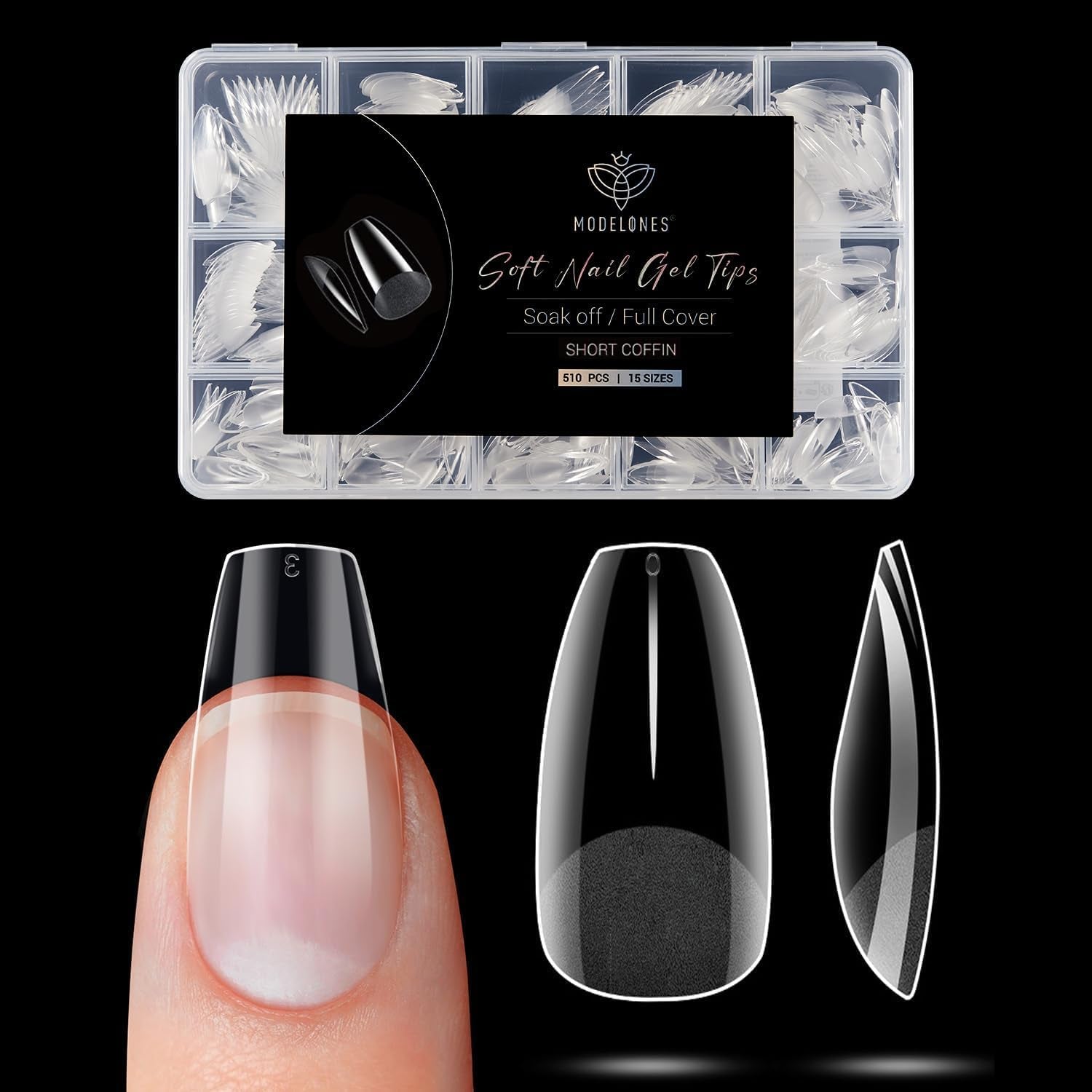 Modelones Tips Unghii 510 Piese - Set Tips Unghii Acoperire Completă, Set Tips Gel, Tips Unghii Rășină PMMA Pre-Lustruire, Unghii Artificiale pentru Lipire pe Nail Art DIY, Squoval Scurt