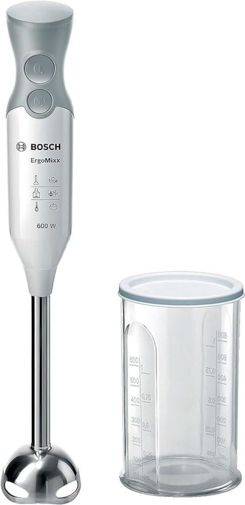 Bosch Stabmixer Ergomixx MSM66110, Edelstahl-Mixfuß, Mix- Und Messbecher, 2 Geschwindigkeitsstufen, Leichtes Gehäuse, 4-Klingen-Messer, Einfache Reinigung, 600 W, Weiß/Grau Kitchen Naty Shop