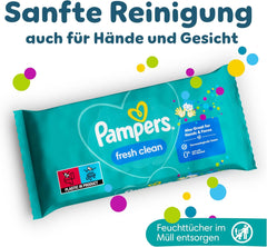 Pampers Fresh Clean Feuchttücher, 12 Packungen mit je 52 Tüchern, insgesamt 624 Tücher, leichter Duft, auch für Hände und Gesicht geeignet