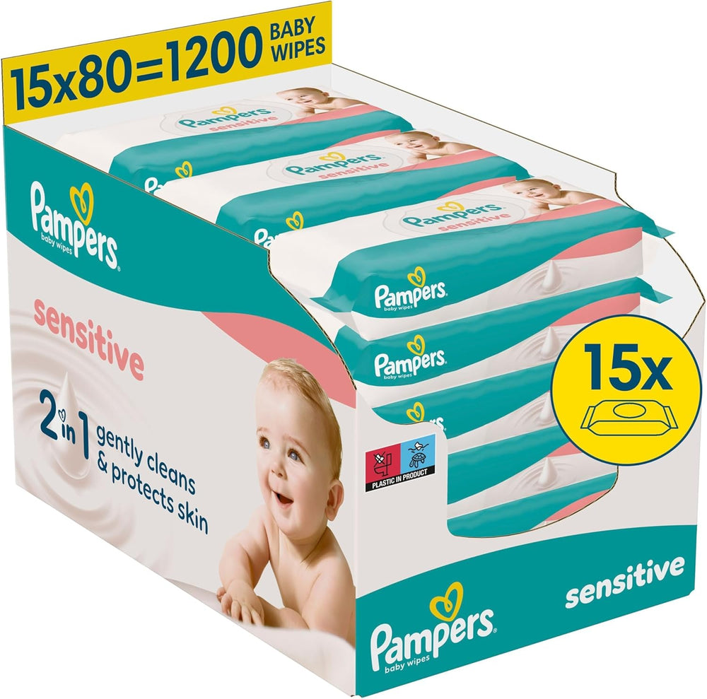 Pampers Sensitive Baby-Feuchttücher, 15er-Pack mit 80 Tüchern, 1200 Baby-Feuchttücher, 2-in-1, sanfte Reinigung und Hautschutz