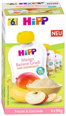 Hipp Bio-Früchte und Getreide in Quetschbeuteln für Babys, Mango, Banane, Grieß, 4er-Pack (4 x 4 x 90 g), Mutter und Baby, Naty Shop