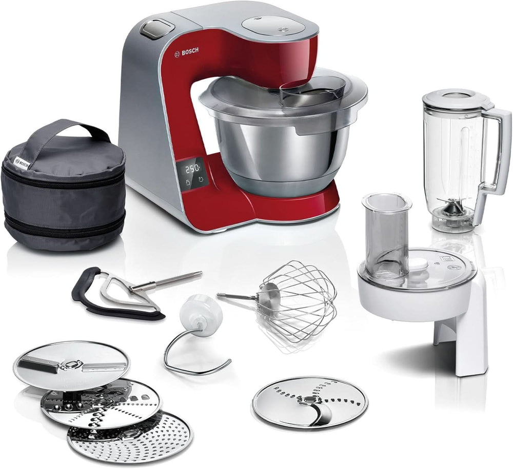 Küchenmaschine Bosch Serie 4 MUM5X720, integrierte Waage, Edelstahlschüssel 3,9 l, Mixer 1,25 l, 1000 W Zubehör Essen und Stillen Baby Naty Shop Single Dunkelrot / Silber 2 Zubehörteile