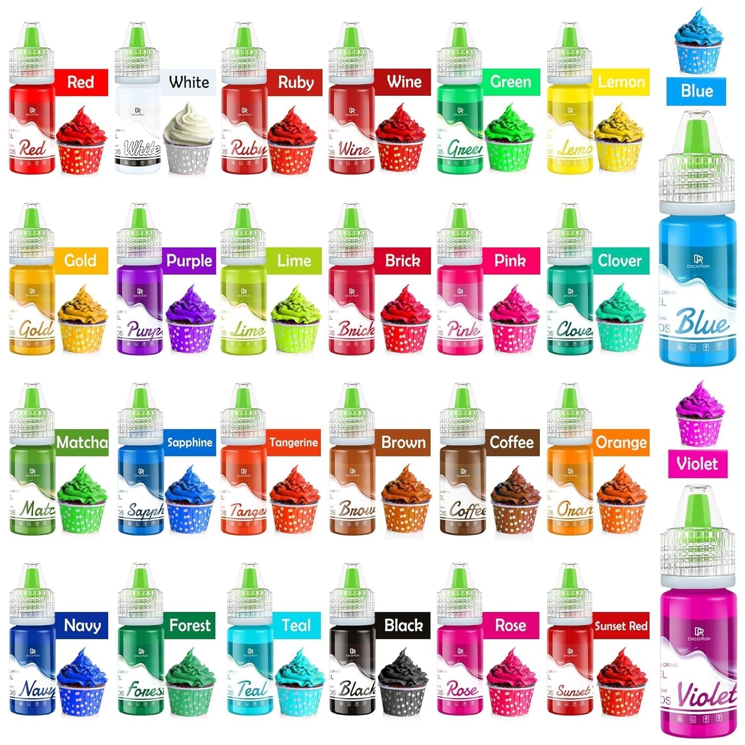 Colorant alimentar gel - 26 de culori coloranți alimentari concentrați în gel pentru decorarea torturilor, copt, fursecuri, macaroane - Colorant alimentar fără zahăr pentru băuturi, decorarea torturilor, slime DIY, ouă de Paște - 6 ml fiecare