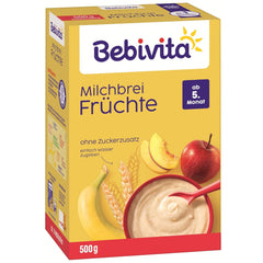 Milchbrei mit Früchten (4x500g), ab 5 Monaten, ohne Zuckerzusatz, mit wertvollen Mineralien und Vitaminen, sehr sättigend