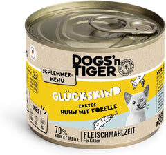 Dogs'n Tiger Schlemmermenü Glückskind, Nassfutter für Kätzchen, saftiges Huhn und Forelle - ohne Getreide, Zuckerzusatz, künstliche Konservierungsstoffe, optimale Verträglichkeit, 12x 200g