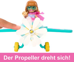 Barbie Chelsea Flugzeugpuppe und Spielset – Pilotenpuppe, Flugzeug, Griff und Story-Zubehör, Räder und Propeller mit Blumenbein, ab 3 Jahren, HTK38 Naty Shop Dolls